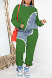 Green Casual Patchwork Contrast Hooded Collar Plus Size Two Pieces