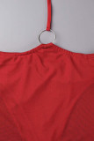 赤いセクシーな無地中空アウト パッチワーク シースルー ホルター ペンシル スカート ドレス