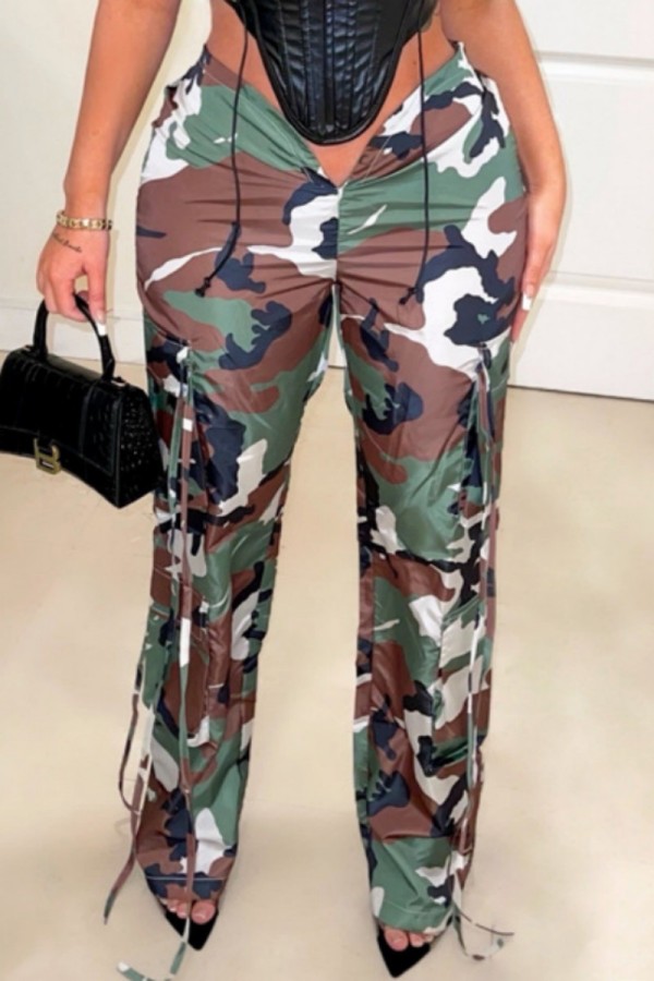 Army Green Casual Camouflage Print Patchwork Regular Konventionelle Full Print Hose