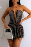 Red Sexy Patchwork Hot Drilling See-through Feathers Backless V Neck Strapless Dress Dresses