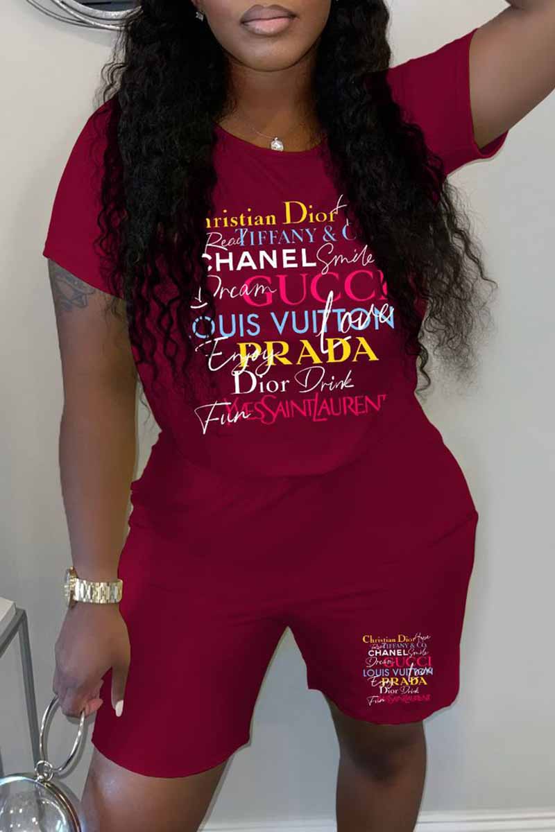

Burgundy Casual Print Letter O Neck Short Sleeve Two Pieces