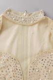 Абрикосовое сексуальное лоскутное горячее сверление Прозрачные платья с длинным рукавом на половину воротника