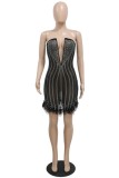 Black Sexy Patchwork Hot Drilling See-through Feathers Backless V Neck Strapless Dress Dresses