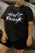 Schwarze Patchwork-T-Shirts mit O-Ausschnitt und Street-Basis-Print