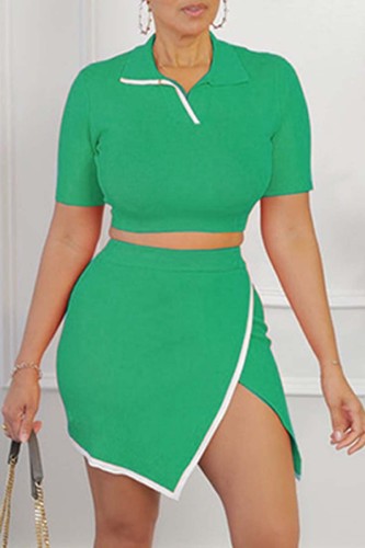 Green Casual Solid Patchwork Turndown Collar Short Sleeve Two Pieces