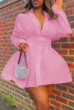 Pink Casual Solid Patchwork Buckle Turndown Collar A Line Dresses