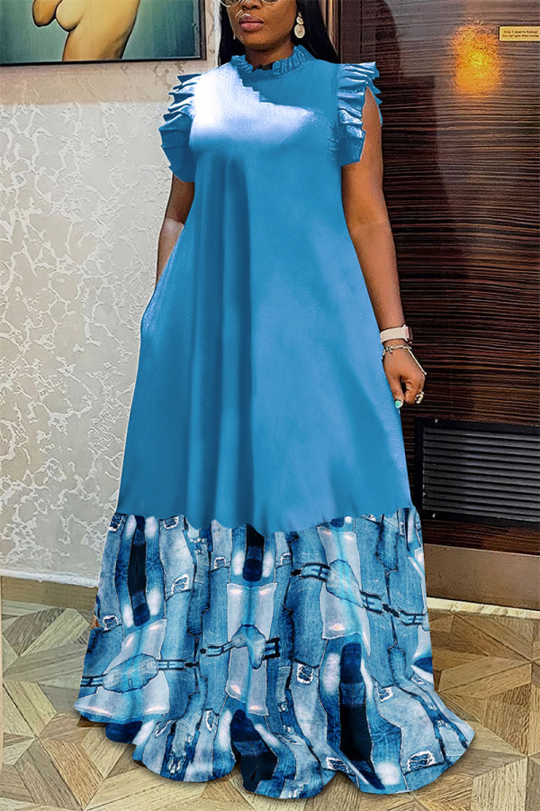 Ковбойское синее винтажное элегантное длинное платье с леопардовым принтом в стиле пэчворк Платья больших размеров