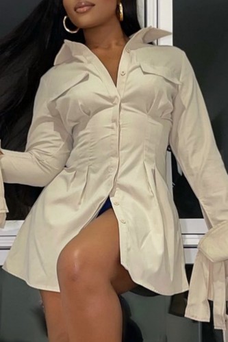 Milky Casual Solid Patchwork Shirt Collar Long Sleeve Dresses