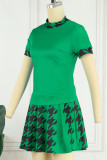 Groene casual patchwork print met O-hals en korte mouwen, twee stukken