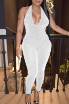White Casual Solid Backless Halter Skinny Jumpsuits