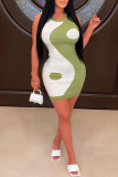 Травяно-зеленое повседневное платье без рукавов в стиле пэчворк с круглым вырезом и круглым вырезом Платья