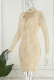 Абрикосовое сексуальное лоскутное горячее сверление Прозрачные платья с длинным рукавом на половину воротника