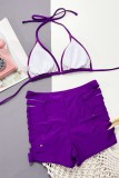 紫のセクシーな固体破れた包帯バックレス水着 (パディング付き)