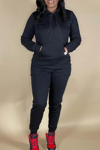 Black Street Hooded Collar Sweatshirt And Pants Sportwear Plus Size Two Piece Jogger Set