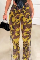Gele casual broek met camouflageprint, patchwork, normale conventionele volledige print