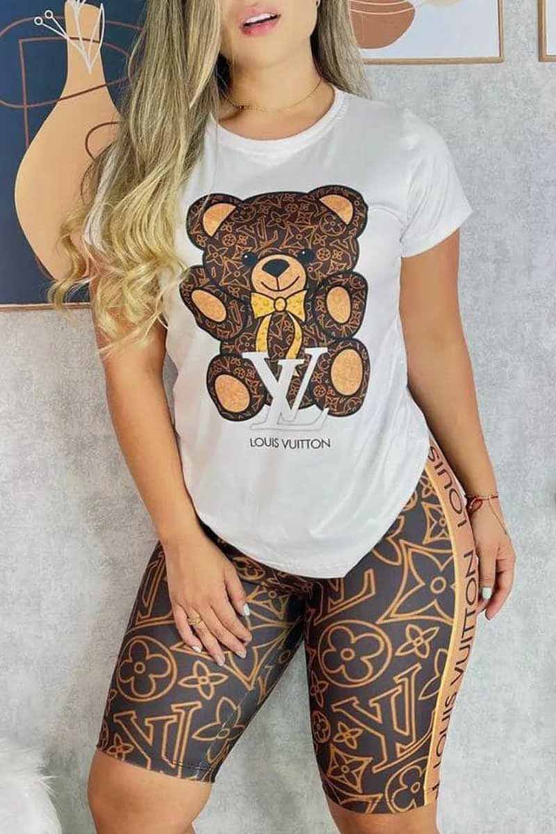 

Brown Casual Print Letter O Neck Short Sleeve Two Pieces