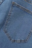Синие повседневные однотонные джинсовые джинсы с высокой талией и разрезом в стиле пэчворк