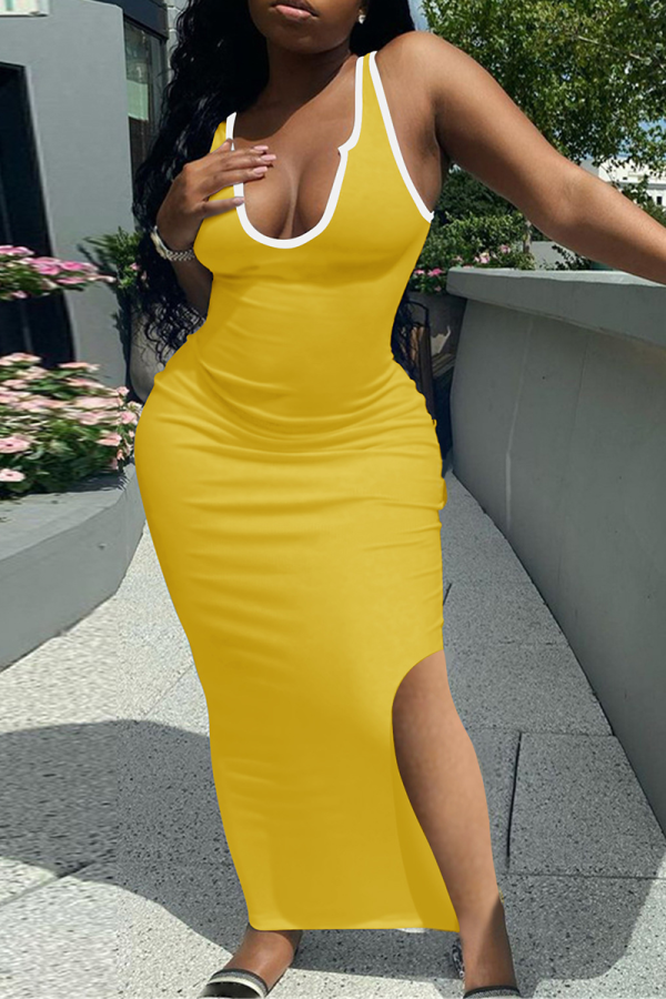 Vestidos de falda lápiz con cuello en U de patchwork sólido sexy amarillo