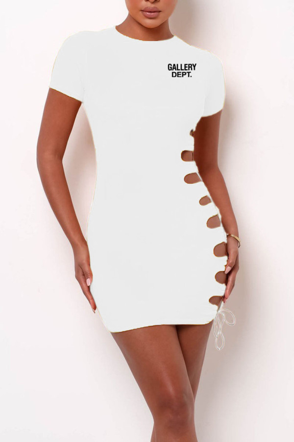Blanco sexy estampado vendaje ahuecado hacia fuera patchwork o cuello lápiz falda vestidos