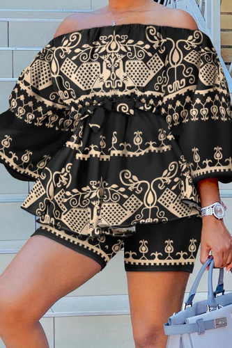 Black Casual Elegant Print Patchwork Off the Shoulder Three Quarter Two Pieces