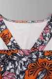 Vestidos saia única com estampa elegante tangerina patchwork gola assimétrica