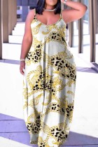 Gold Sexy Casual Print Backless Spaghetti Strap Long Dress Dresses