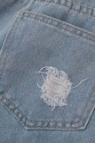 Голубые повседневные однотонные рваные джинсы стандартного кроя с высокой талией