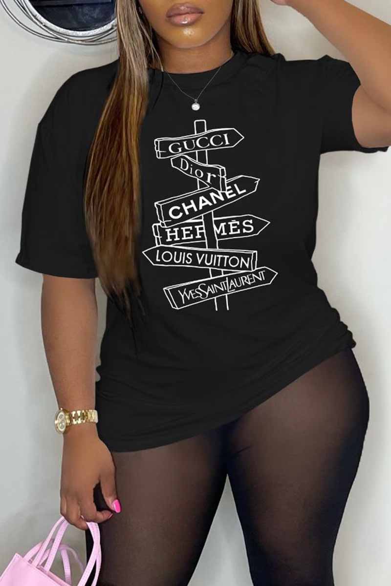 

Black Casual Print Letter O Neck T-Shirts