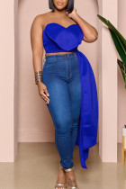 Blue Sexy Solid Patchwork Asymmetrical Strapless Tops