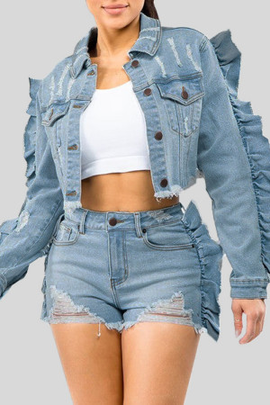 Light Blue Casual Street Solid Patchwork Buckle Stringy Selvedge Turndown Collar Long Sleeve Straight Ruffle Trim Cropped Denim Jacket