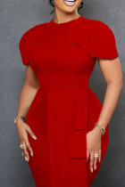 Red Elegant Solid Patchwork O Neck Pencil Skirt Dresses