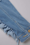 Hellblaue, lässige, solide Patchwork-Schnalle, fadenförmige Webkante, Umlegekragen, langärmlige, gerade Jeansjacke