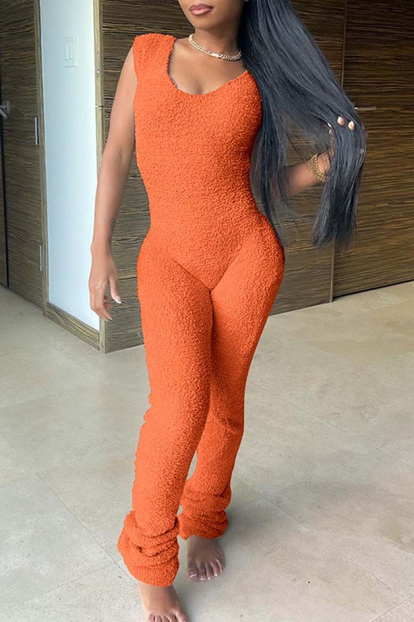 Orange Casual Solid Basic V-hals Skinny Jumpsuits