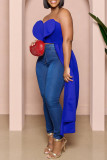 Blue Sexy Solid Patchwork Asymmetrical Strapless Tops