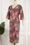 Tangerine Elegant Print Patchwork Asymmetrical Collar One Step Skirt Dresses