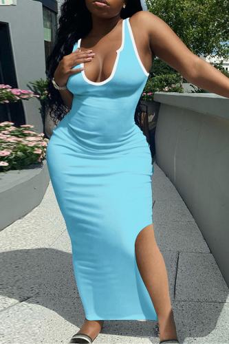 Sky Blue Sexy Solid Patchwork U Neck Pencil Skirt Dresses