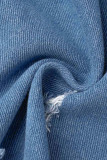 Chaqueta de mezclilla recta de manga larga con cuello vuelto de orillo fibroso con hebilla de patchwork liso de calle casual azul claro