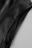 Vestidos pretos casuais elegantes sólidos patchwork com dobra no pescoço