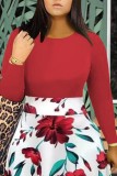 Red Casual Print Patchwork O Neck Long Sleeve Plus Size Dresses