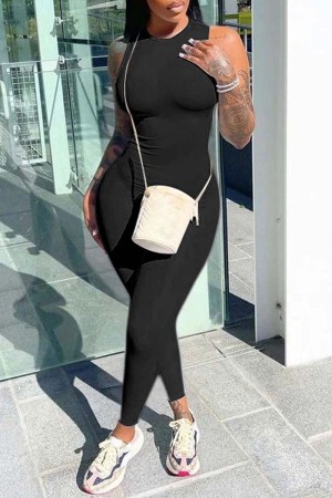 Black Casual Solid Basic O Neck Skinny Jumpsuits