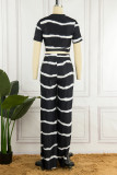 Black Casual Striped Print Basic O Neck Short Sleeve Two Pieces