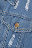 Голубая повседневная уличная однотонная лоскутная пряжка Струнистая кромка с отложным воротником Прямая джинсовая куртка с длинным рукавом