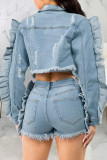 Light Blue Casual Street Solid Patchwork Buckle Stringy Selvedge Turndown Collar Long Sleeve Straight Ruffle Trim Cropped Denim Jacket