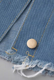Синяя повседневная уличная прямая джинсовая куртка из однотонной ткани в стиле пэчворк с пряжкой из эластичной кромки и отложным воротником с длинным рукавом