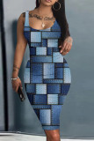 Colorido azul sexy casual estampado vestido colete básico decote em U