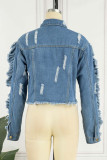 Giacca di jeans dritta a maniche lunghe con colletto rovesciato a maniche lunghe con fibbia patchwork tinta unita casual azzurra