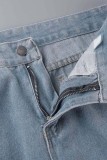 Jeans in denim regolari a vita alta strappati casual azzurri