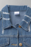 Azul claro casual street patchwork sólido fivela de ourela fio dental gola redonda manga comprida jaqueta reta jeans