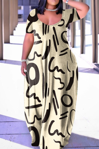 Абрикосовое повседневное принт Базовое платье с V-образным вырезом и короткими рукавами Платья больших размеров