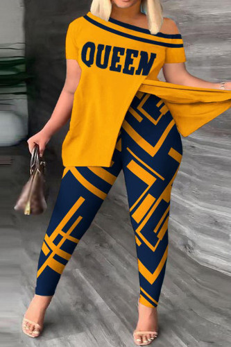 Yellow And Blue Casual Print Patchwork Slit Oblique Collar Short Sleeve Two Pieces